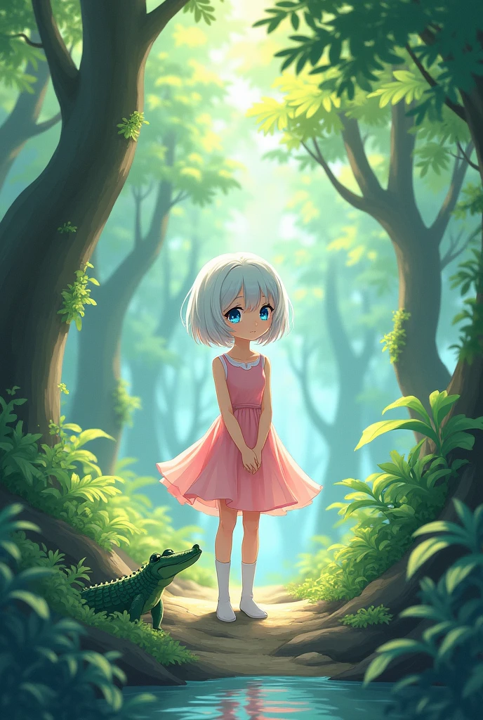 Anime girl girl with short white hair, pink dress,WHITE SOCKS,blue eyes,white in a forest and with a crocodile 