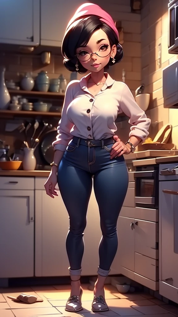 other mother, no eyes, blind, eyes buttons,high resolution, other mother, button eyes, scary, sweater, short black hair, tight pants, buttons, pose, jewelry, busty, huge bulging glutes, huge ass, looking at viewer, thick thighs, wide hips, slim waist, (short legs), pale skin, in a kitchen, shadows, colorful, high saturation, high contrast, score_9, score_8_up, score_7_up,