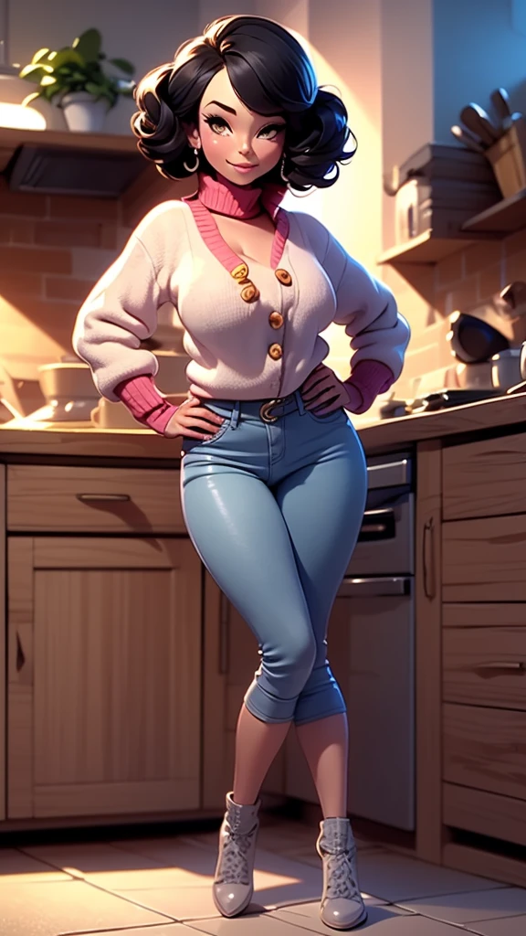 other mother, no eyes, blind, eyes buttons,high resolution, other mother, button eyes, scary, sweater, short black hair, tight pants, buttons, pose, jewelry, busty, huge bulging glutes, huge ass, looking at viewer, thick thighs, wide hips, slim waist, (short legs), pale skin, in a kitchen, shadows, colorful, high saturation, high contrast, score_9, score_8_up, score_7_up,