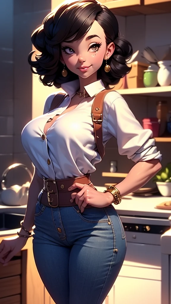 other mother, no eyes, blind, eyes buttons,high resolution, other mother, button eyes, scary, sweater, short black hair, tight pants, buttons, pose, jewelry, busty, huge bulging glutes, huge ass, looking at viewer, thick thighs, wide hips, slim waist, (short legs), pale skin, in a kitchen, shadows, colorful, high saturation, high contrast, score_9, score_8_up, score_7_up,