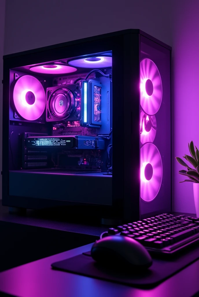 Professional image of a gaming PC with violet RGB color... monitor off, with gamer peripherals. In the image you can see the entire PC with keyboard and screen included and the desktop