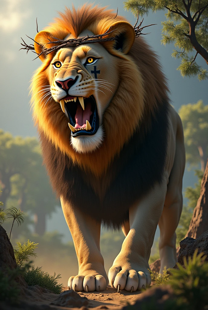 A roaring lion with sharp teeth with a scar of a cross on the left eye and a crown of thorns on the mane with a background of an African fauna