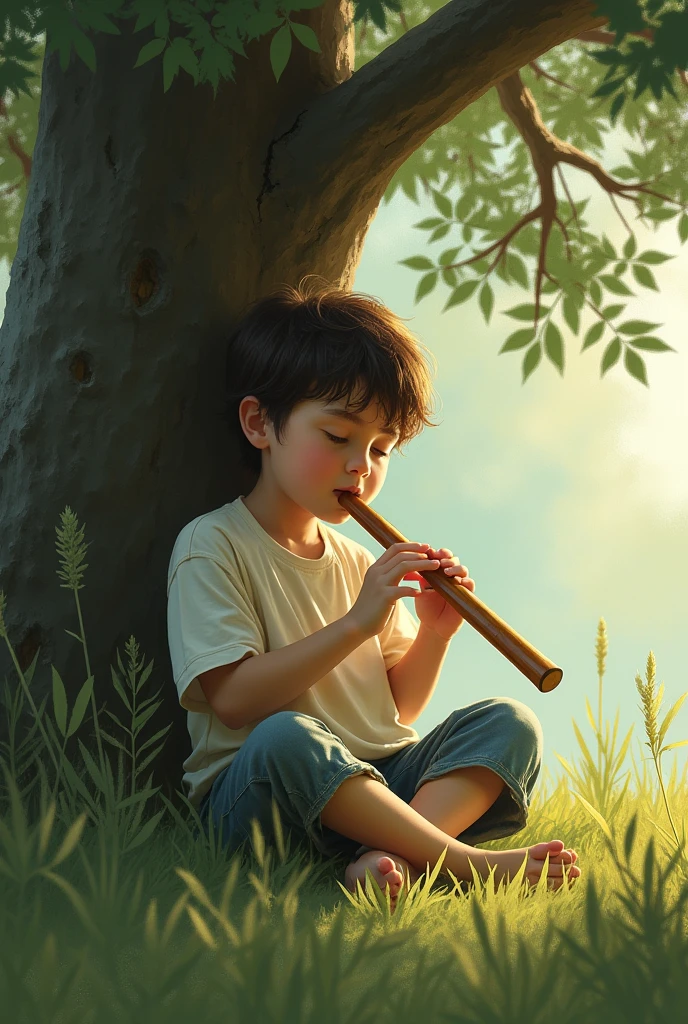 Boy playing flute asthetic
 painting