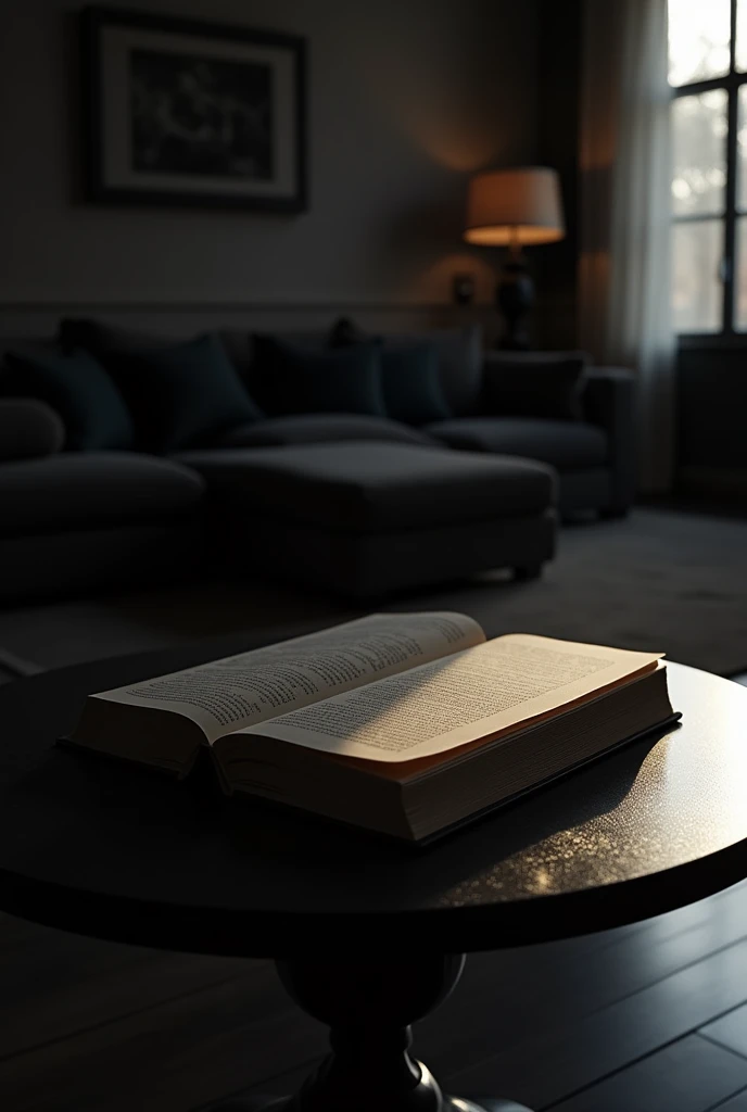 The black book lies on the black table, against the backdrop of a dark living room, glint, Shine, daylight