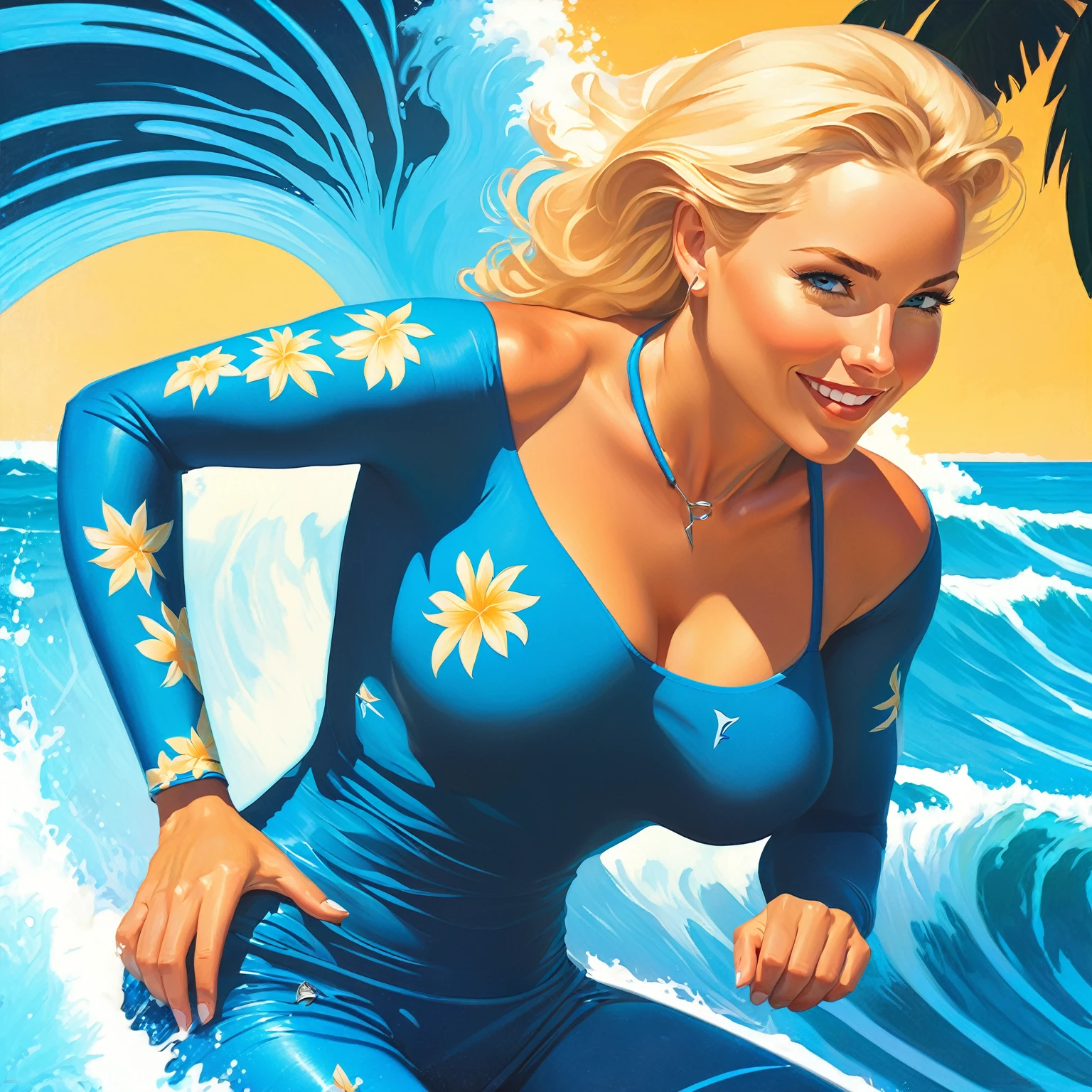 blond woman in blue swimsuit on a surfboard in the ocean, jen bartel, martin ansin artwork portrait, martin ansin, rhads and lois van baarle, kenton nelson, by Tim Hildebrandt, inspired by Mort Künstler, inspired by Greg Hildebrandt, style of tim hildebrandt, pinup art, inspired by Tim Doyle