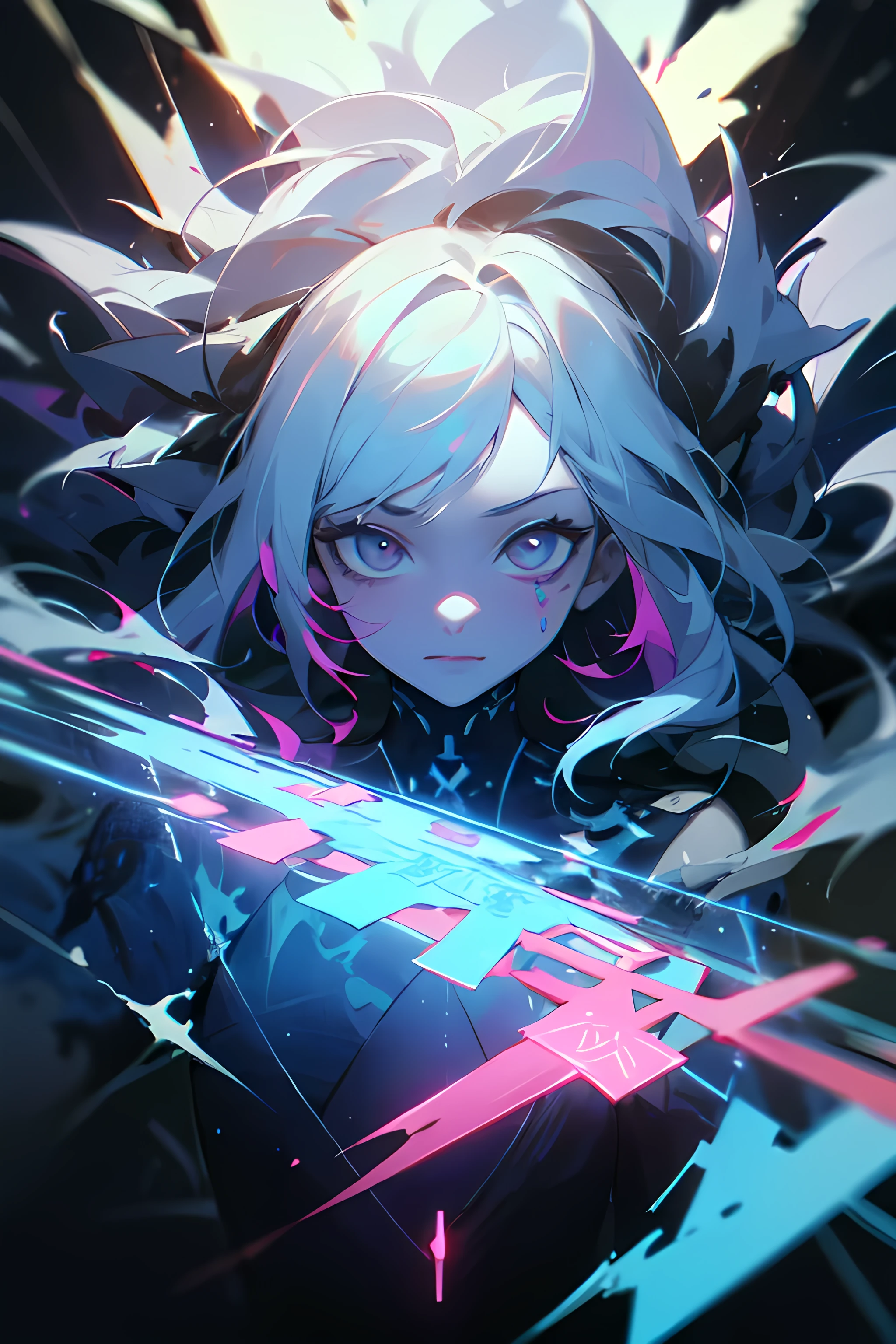 (masterpiece, best quality), sfw, solo, portrait, 1girl, observer of life, abstract expressionism, ((fractal light rays)), neon, diffused lights, (color blending), vibrant colors, rune design, runes on body, shattered dimensions, amazing background, {by charlie bowater|by anthony gross|by gabriel isak|by anna bocek}, absurdres, highres, mixed media