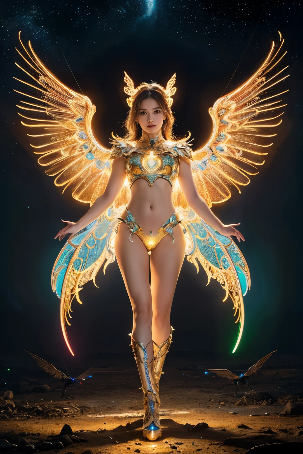 (best quality, masterpiece, colorful, dynamic angle, from below, highest detailed)upper body photo, full body photo, fashion photography of cute mechangel, glowing 4 wings, solo, glowing armor, glowing halo, building, glowing mechanical 4 wings (intricate details, hyperdetailed:1.15), detailed, light passing through hair, (official art, extreme detailed, highest detailed), HDR+