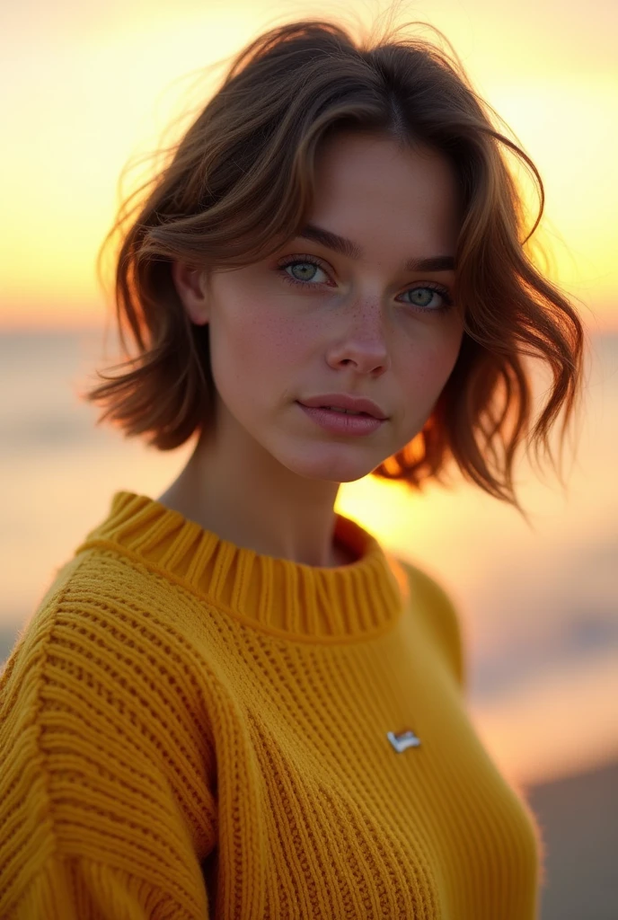 Cute dark blonde in yellow sweater "old money style"(A at the beach at sunset), Very detailed, 21 years old, innocent face, short hair , Blue eyes, high resolution, Masterpiece, Best quality, intricate details, Very detailed, sharp focus, detailed skin, realistic skin texture, texture, detailed eyes, professional, 4k, beautiful smile, shot on Canon, 85mm, shallow depth of field, Kodak Vision Color, body in perfect shape, extremely detailed, Photo_(ultra), Photorealistic, realistic, Post-processing, maximum detail, roughness, real life, ultra realistic, Photorealism, Photography, 8k hd, Photography