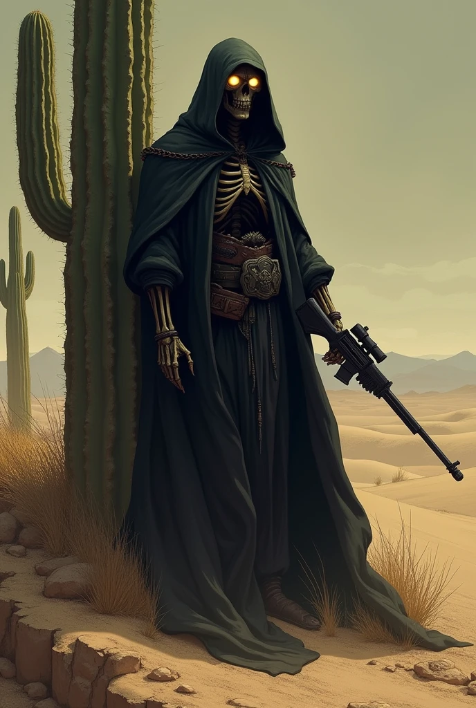 Death leaning on a cactus in the desert holding a gun in his hand with glowing eyes having the title General. Ruiz