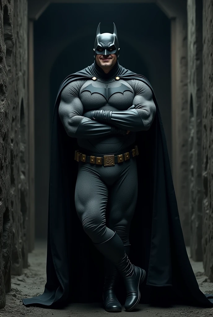 photo with focus on the face, 1 men, standing alone, Ben Affleck como Batman, Cao Cao, chunk, muscular, volu, broad shoulder, fotorrealism, smilling face, crossed arms, (leaning against a wall), dark and dirty gray suit, Dark gray arms, ((without mask)), take off the mask, Bblack hair, black gloves, best qualityer, work of art, high resolution:1.2, black cloack, Highly detailed mask, high detailed suit, high-detailed face, awardwinning, night time, a dark cave in the background, Inside the house