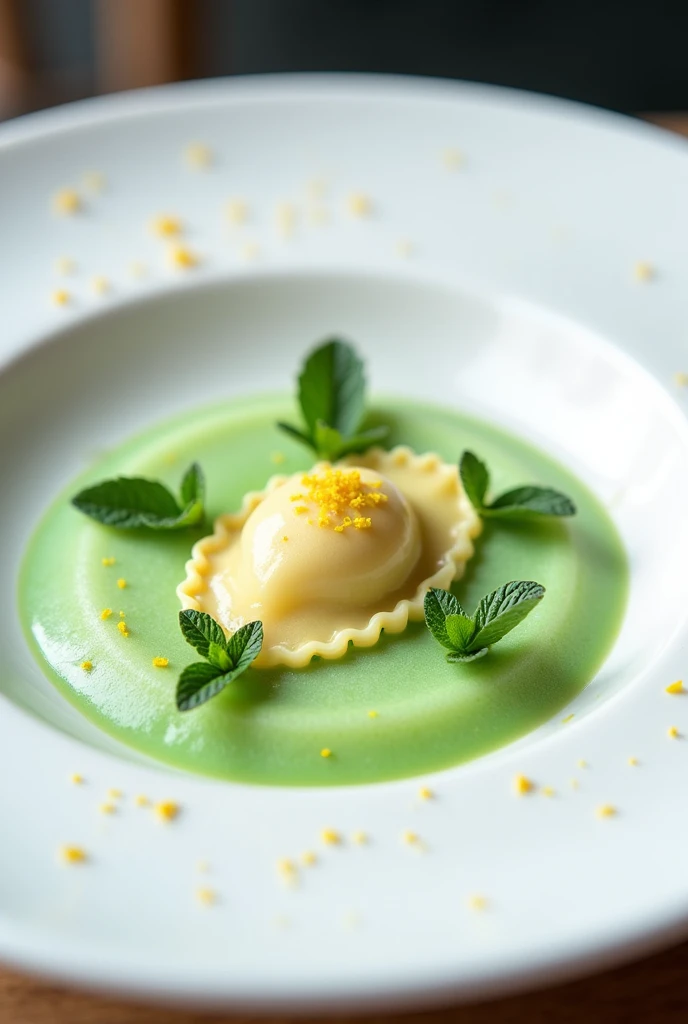 I want to create a dish that has a ravioli on a mint foam and lemon zest on top.