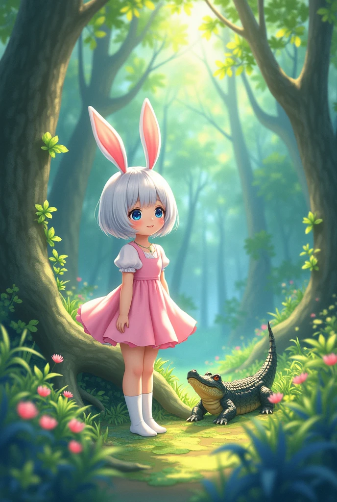 Anime girl girl with short white hair, pink dress,WHITE SOCKS,blue eyes,white rabbit ears,white in a forest and with a crocodile