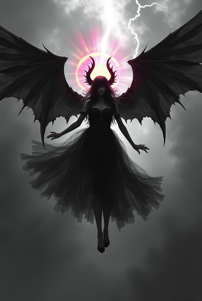 Demon girl falling from the sky, black and white dress, rainbow colored halo, broken black wings