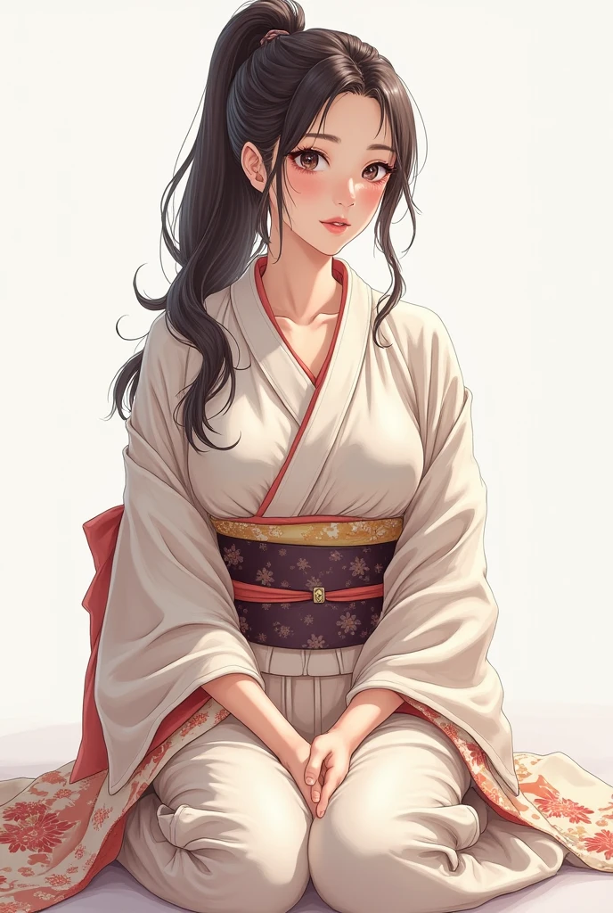 A Japanese woman, drawn, beautiful, sitting freely, ample breasts, good style, glamorous model figure, realistic, dressed in kimono, messy clothes, front view, hostess, married, 20 years old, name is Miki, long hair, beautiful hair, ponytail