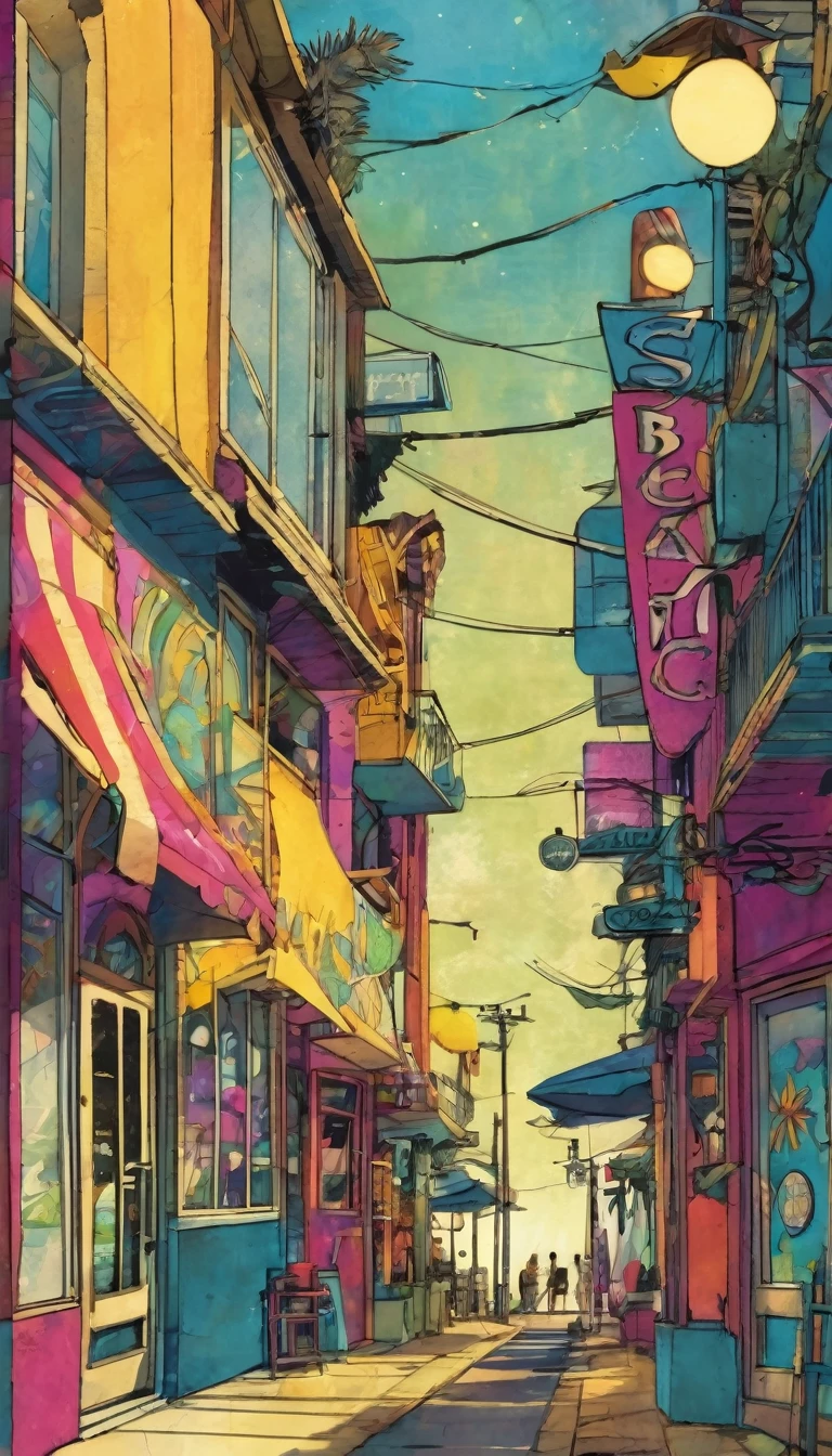 the adorable beach surf shop, art inspired by Bill Sienkiewicz and Dave Mckean.