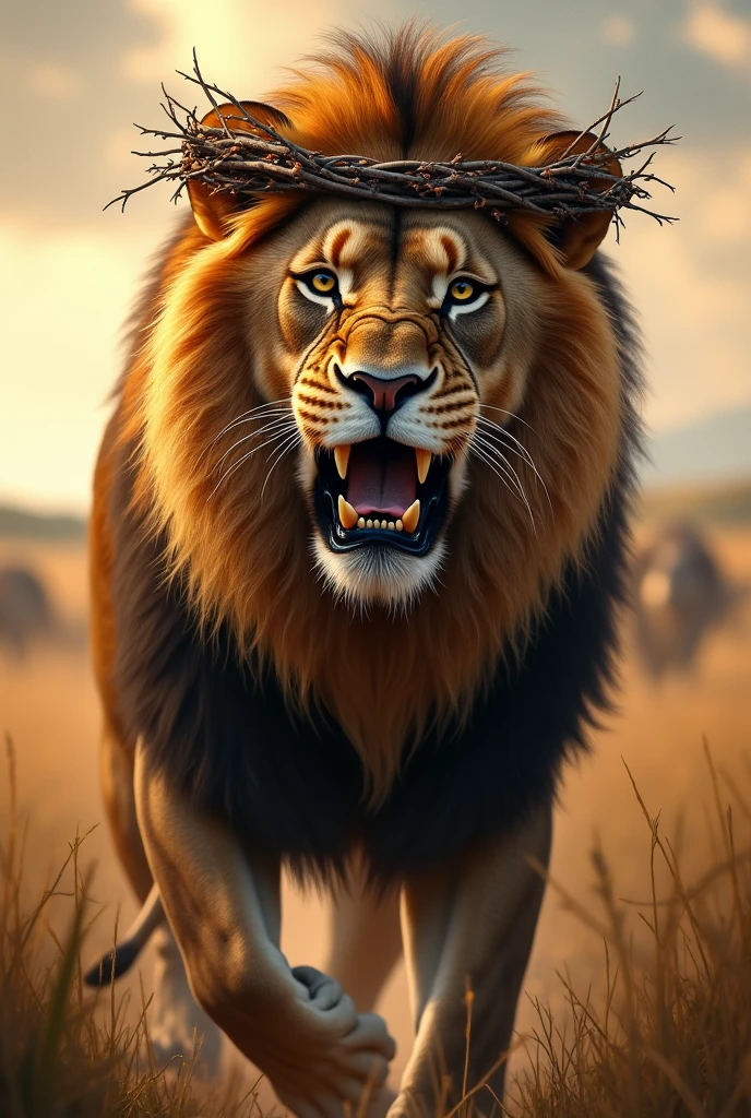 A roaring lion with sharp teeth with a scar of a cross on the left eye and a crown of thorns on the mane with a background of an African fauna in 4k