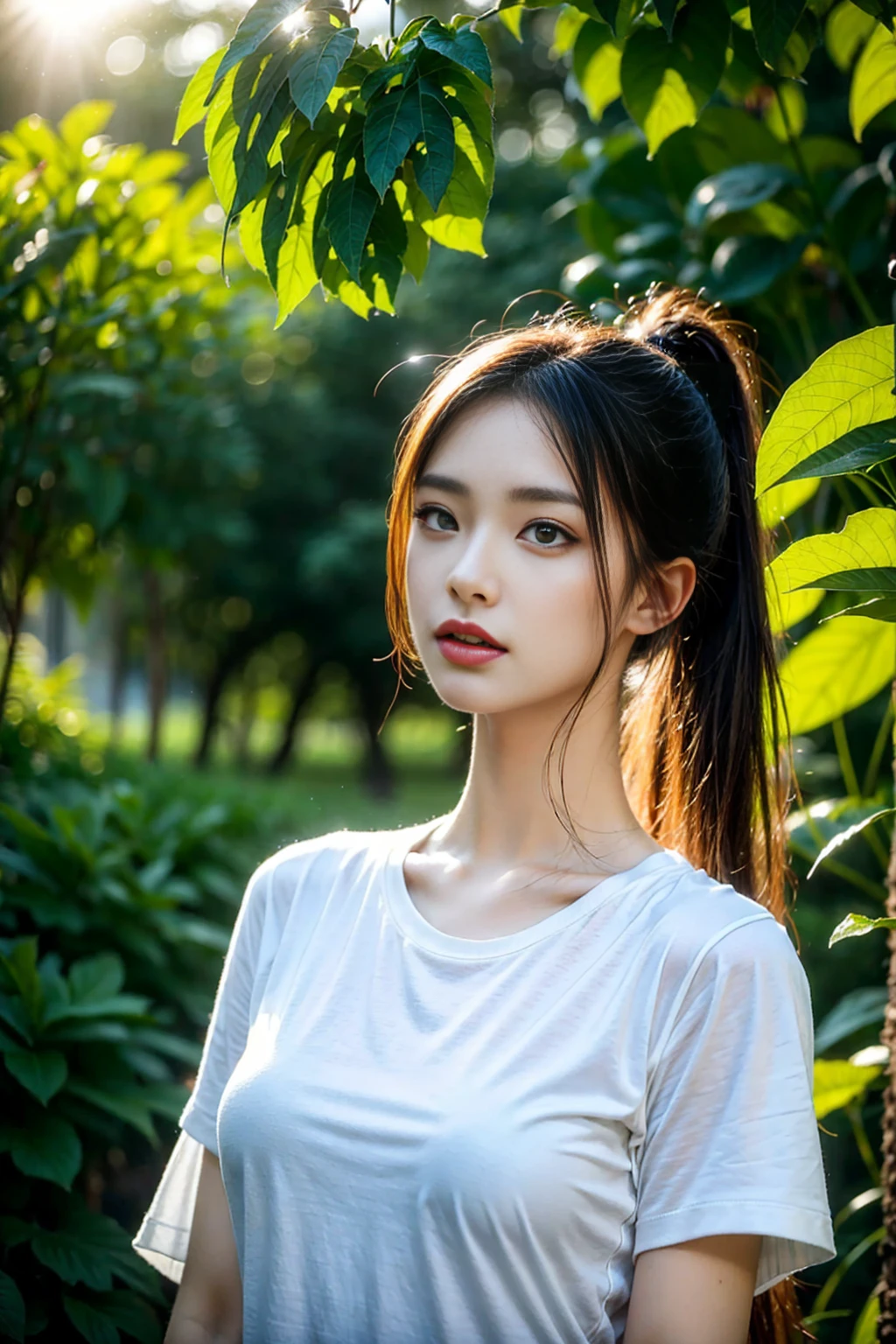 (masterpiece, best quality), a woman in a sexy t-shirt, looking from the side, with a ponytail, detailed face, beautiful eyes, long eyelashes, delicate nose, full lips, detailed clothing, photorealistic, highly detailed, cinematic lighting, warm color tones, natural skin tones, dynamic pose, outdoor environment, lush vegetation, sun rays, hyper realistic textures, full body portrait 