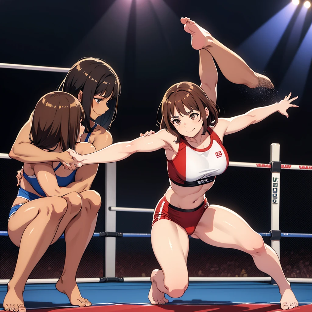 A young woman, quite short, with brown eyes, brown fringed hair, wearing a wrestling suite on a wrestling ring, fit and toned, barefooted, full body picture,with a shy smile onto her face