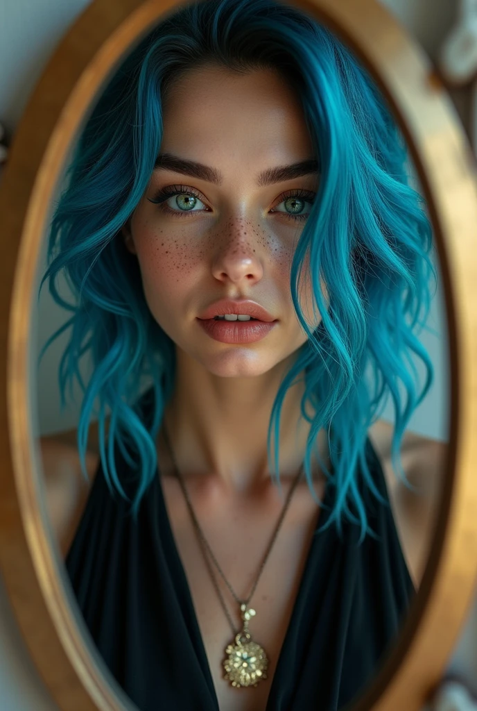 create a realistic image that looks real of a beautiful woman with big blue hair, green eyes and freckles, taking a selfie in the mirror wearing black clothes