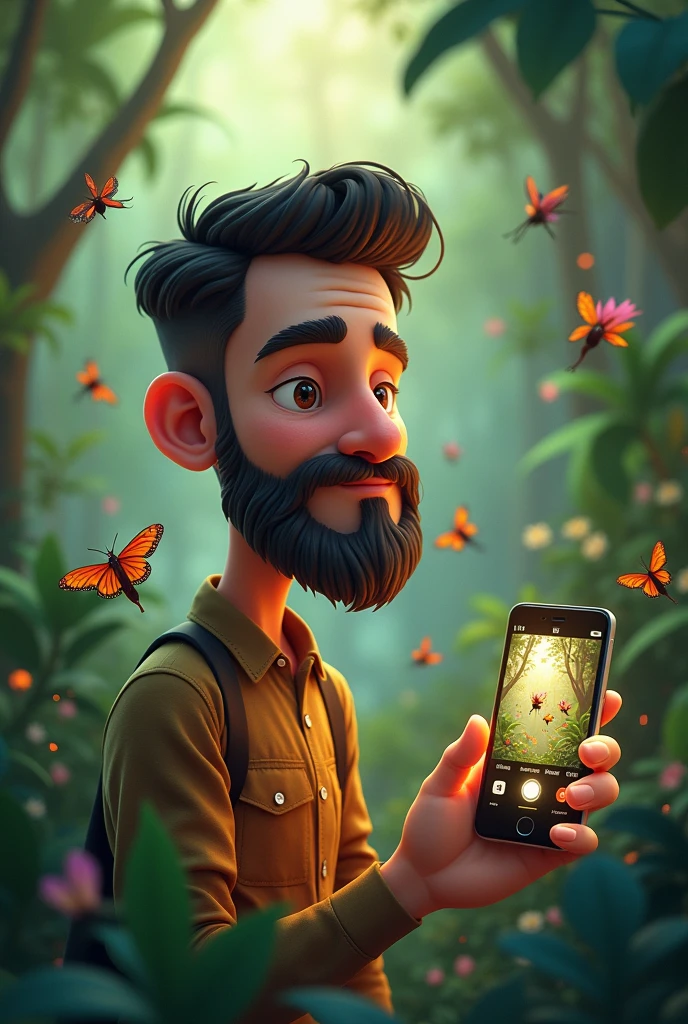 A french cut beard animated man taking picture of beautiful insects in a beautiful nature by a mobilephone. And the photo of insects is visible in his screen