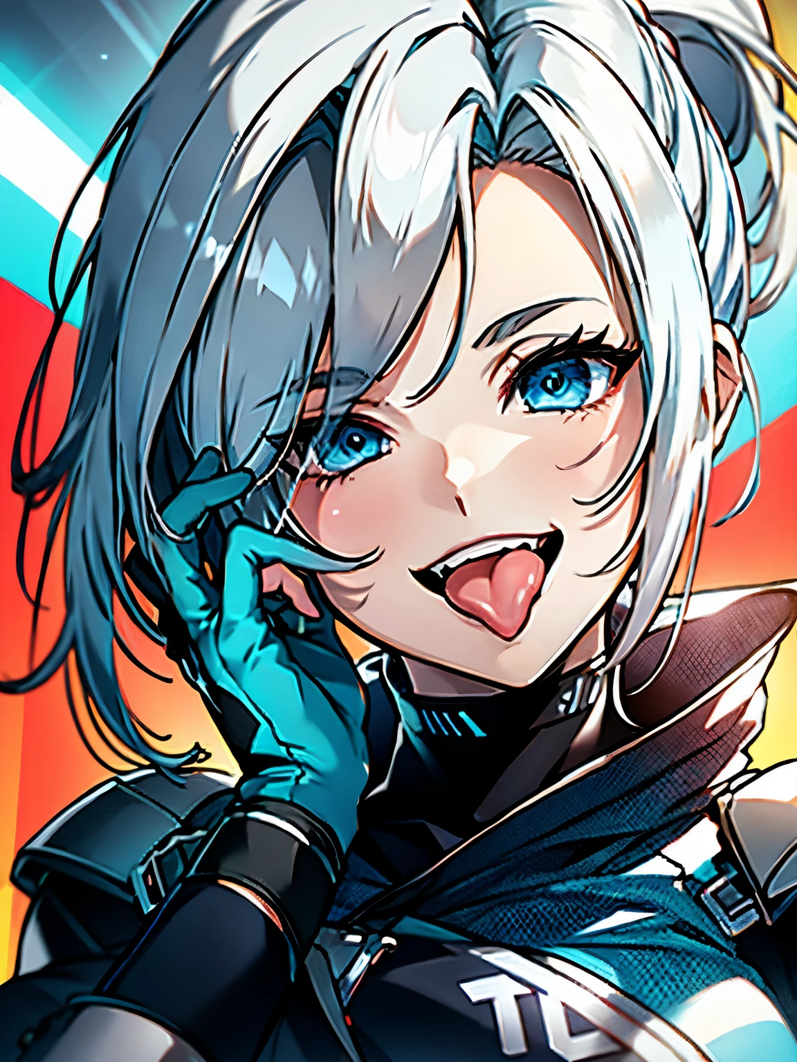 jett, upper body, 1girl, solo, blue eyes, gloves, masterpiece,best quality, masterpiece, smiling, bright lighting, vivid colors, white hair, super realistic, background, tongue out