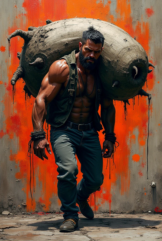 Graffiti style image of a man carrying a weight
