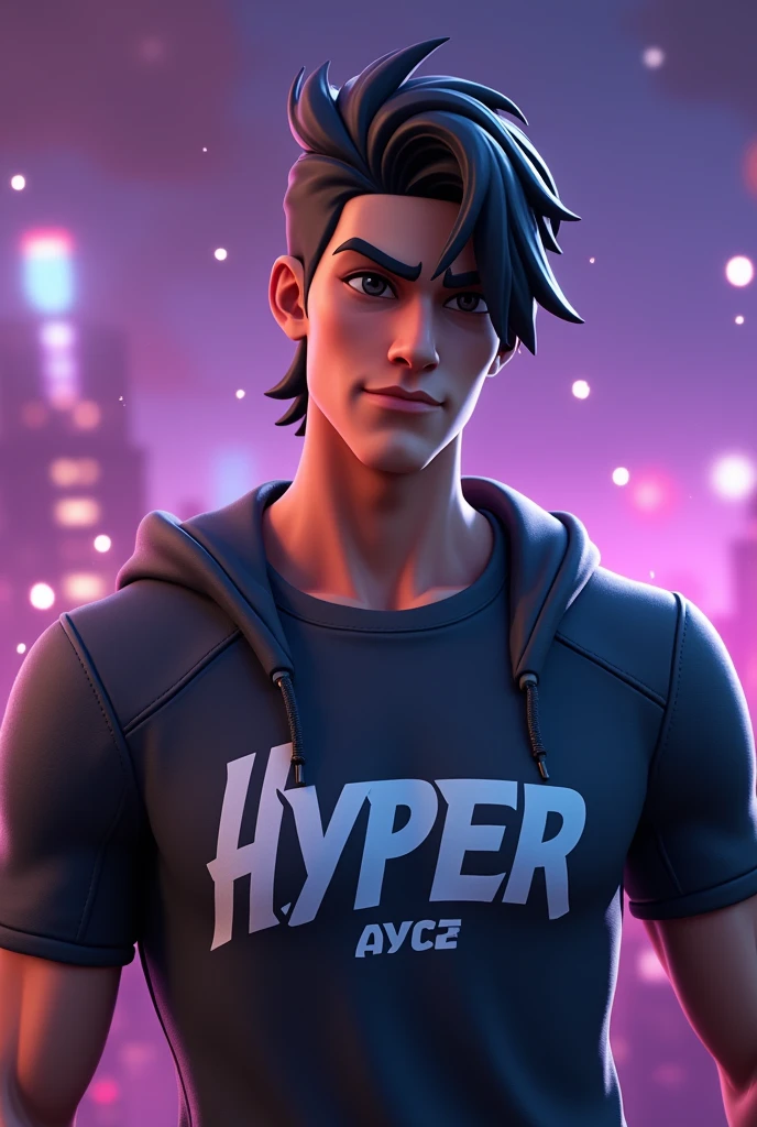 Fortnite Background with Male Fortnite Figure, Bblack hair, masculine face, with Hyper written on the shirt and a symbol of an animal bite