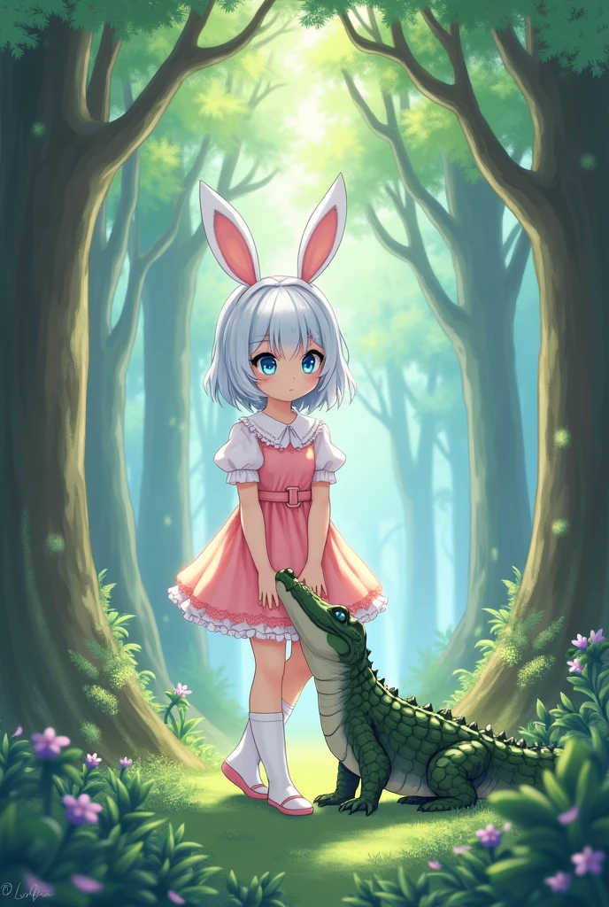 Anime girl girl with short white hair, pink dress,WHITE SOCKS,blue eyes,white rabbit ears,white in a forest and with a crocodile
