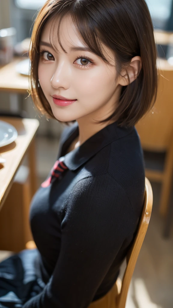 (masterpiece:1.3), (16k, photorealistic, RAW photo, best quality: 1.4),absurdres, attractive, ultra high resolution, ultra realistic, highly detailed, golden ratio, ultra detailed, super fucking beautiful detailed face, natural makeup, detailed cloth texture, detailed hair texture, beautiful detailed fullbody, Perfect female body, accurate, Anatomically correct, Highly detailed face and skin texture, (beautiful hands), (realistic skin), (beautiful pale skin:1.1), (Perfect dynamic composition, looking at viewer, full body shot),(Straddling a chair:1.3),
BREAK,
realistic eyes, beautiful detailed eyes, symmetric eyes, Light Brown eyes, Double eyelids, Thin eyebrows, (Glossy lips:1.4), (Seductive expression:1.3), (beautiful smile:1.1), (blush:1.2),
BREAK,
((short hair, bob, Dark blonde hair, bangs:1.2)), (High school, high school girl, school uniform:1.3)