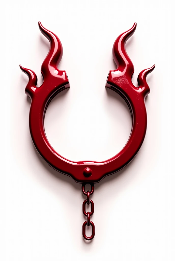 (logo design) sexy evil logo, a sexual striking red handcuff, adorned with demon horns and a sinuous chain tail extending from the base, dynamic and bold, glossy finish, high-resolution, creating an impression of sexuality and power. White background.