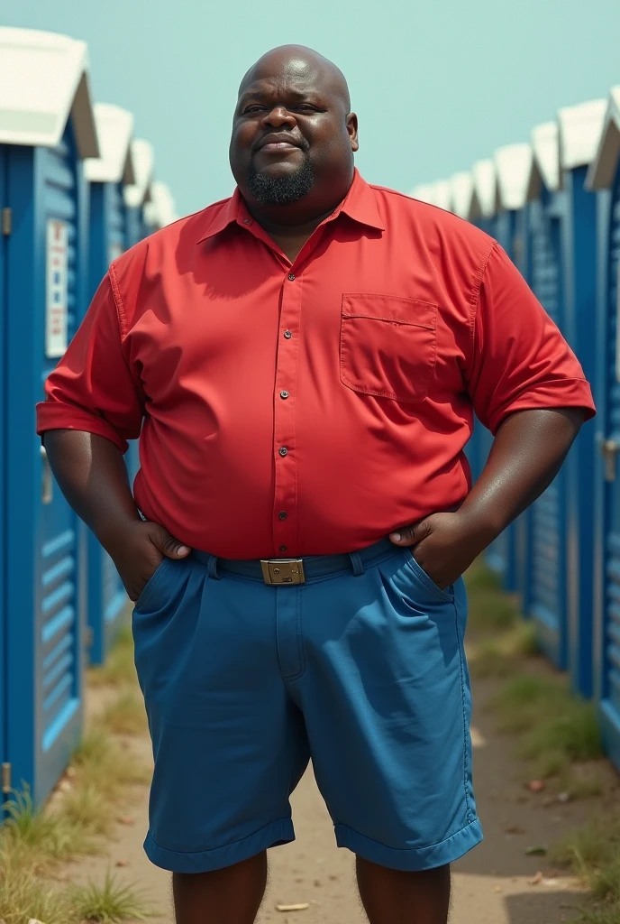 Fat Albert clutching his crotch waiting for him to finish near the porta potty. (red shirt,blue pants)