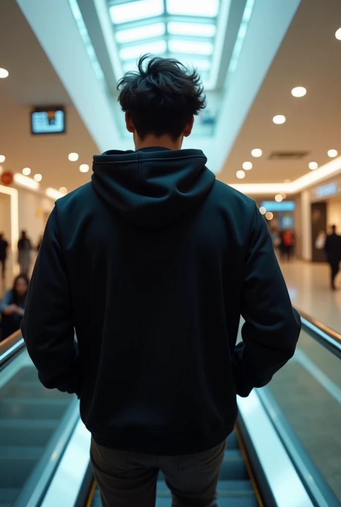 Give me a photo for my Instagram profile in which I want to be (person ) con sudadera subiendo una escalera electrica de un centro comercial y la foto tomada desde atrás de mi de mi espalda yo estoy con una sudadera negra que la person sea un poco morena cabello negro y espalda ancha, una person joven de 18 años y moreno