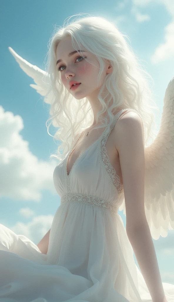 (beautiful金髪女性, beautifulAngel, whole body:1.3),(White skin:1.8),(beautiful小さな胸:1.35),(Angelの輪, Angelの羽根:1.4), beautiful, masterpiece, Beata Undine, Angel, Angelの輪, Highest quality, Highly detailed face, Looking at this, (A thin, sheer long dress, Her breasts are visible through her eyes.:1.4), Perfect lighting, 1人のbeautiful女性, alone, , Sitting, blush, sky heaven clouds