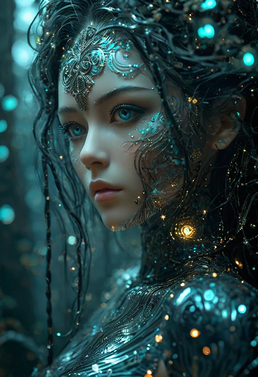 Create a macro close-up portrait where the treetops are decorated with twinkling lights, merging nature with a magical starry atmosphere. (Little funny robot, porcelain face and head, big turquoise eyes, long silver hair) perfect eyes double exposure, bioluminescent fantasy, dark sci-fi. Gothic biomechanical essence in art deco style,
Her punkish, tattooed,  figure is partially hidden in a swirling dress of obsidian silk printed with delicate filigree floral patterns that echo the inimitable style of Gustav Klimt. Finding yourself in an environment of reflective holographic mirror panels,which split the space around her into a scattering of angular contrasts, a background of shadows on a bright background