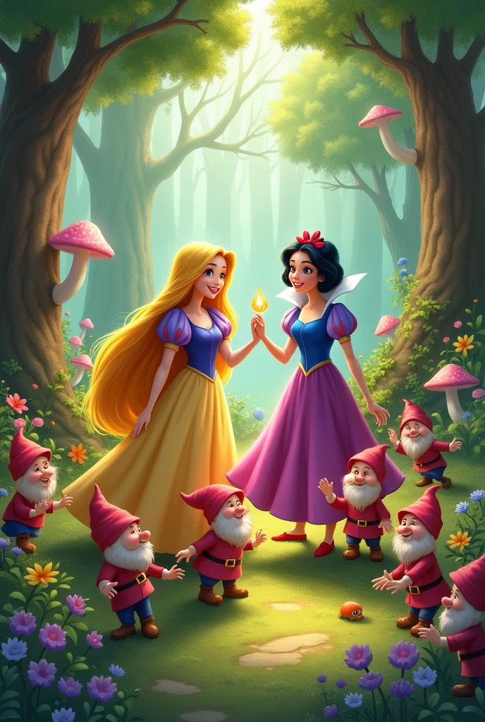 I saw an image of Rapunzel, Snow White and the seven dwarfs having fun in a forest