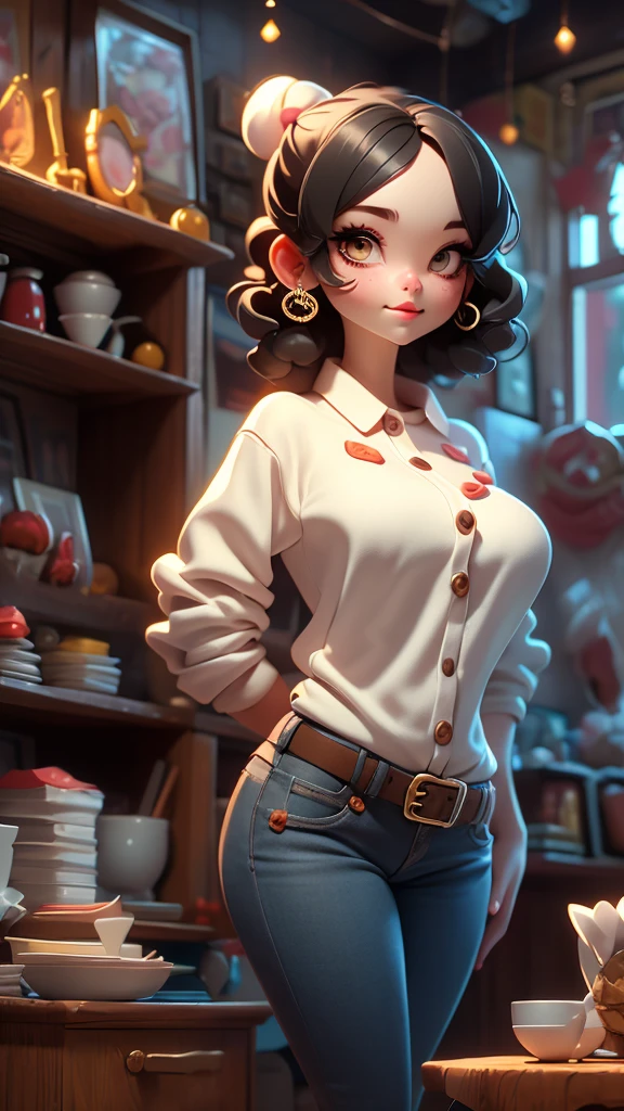 other mother, no eyes, blind, eyes buttons,high resolution, other mother, button eyes, scary, sweater, short black hair, tight pants, buttons, pose, jewelry, busty, huge bulging glutes, huge ass, looking at viewer, thick thighs, wide hips, slim waist, (short legs), pale skin, in a kitchen, shadows, colorful, high saturation, high contrast, score_9, score_8_up, score_7_up,
