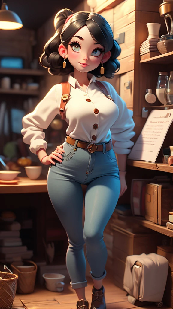 other mother, no eyes, blind, eyes buttons,high resolution, other mother, button eyes, scary, sweater, short black hair, tight pants, buttons, pose, jewelry, busty, huge bulging glutes, huge ass, looking at viewer, thick thighs, wide hips, slim waist, (short legs), pale skin, in a kitchen, shadows, colorful, high saturation, high contrast, score_9, score_8_up, score_7_up,