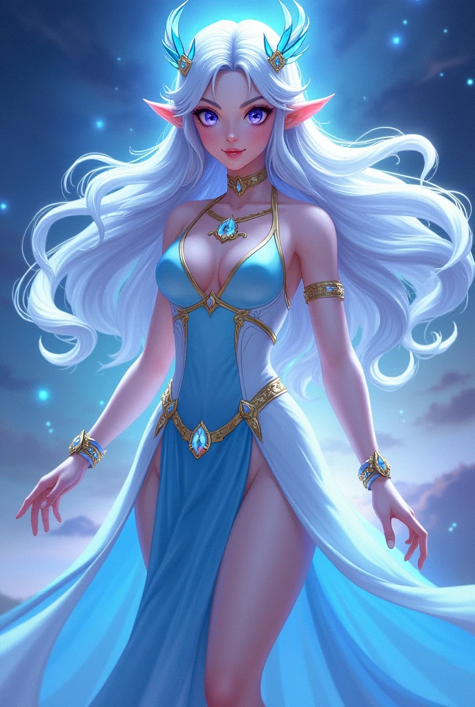 Appearance: Majestic and ethereal, with a divine aura. Hair: Long, floaty, luminous (blue or silver). Eyes: Large, bright (intense blue or purple). Clothing: Flowing dress, bright colors (light blue or white), with gold patterns. Accessories: Lightweight crown with gems. Background: Starry sky or mystical space.Visual: Bright, saturated colors, with detailed and stylized character designs. The figures have expressive features and often exaggerated proportions. Animation: Smooth and dynamic, with special attention to combat movements and magical effects. Atmosphere: A mix of fantasy and magic, often with a graphic aspect inspired by French video games and comics. The environments are rich in detail and often fantastic.