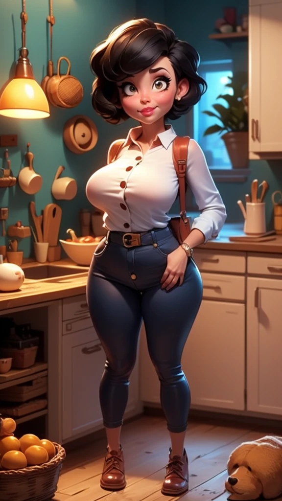 other mother, no eyes, blind, eyes buttons,high resolution, other mother, button eyes, scary, sweater, short black hair, tight pants, buttons, pose, jewelry, busty, huge bulging glutes, huge ass, looking at viewer, thick thighs, wide hips, slim waist, (short legs), pale skin, in a kitchen, shadows, colorful, high saturation, high contrast, score_9, score_8_up, score_7_up,