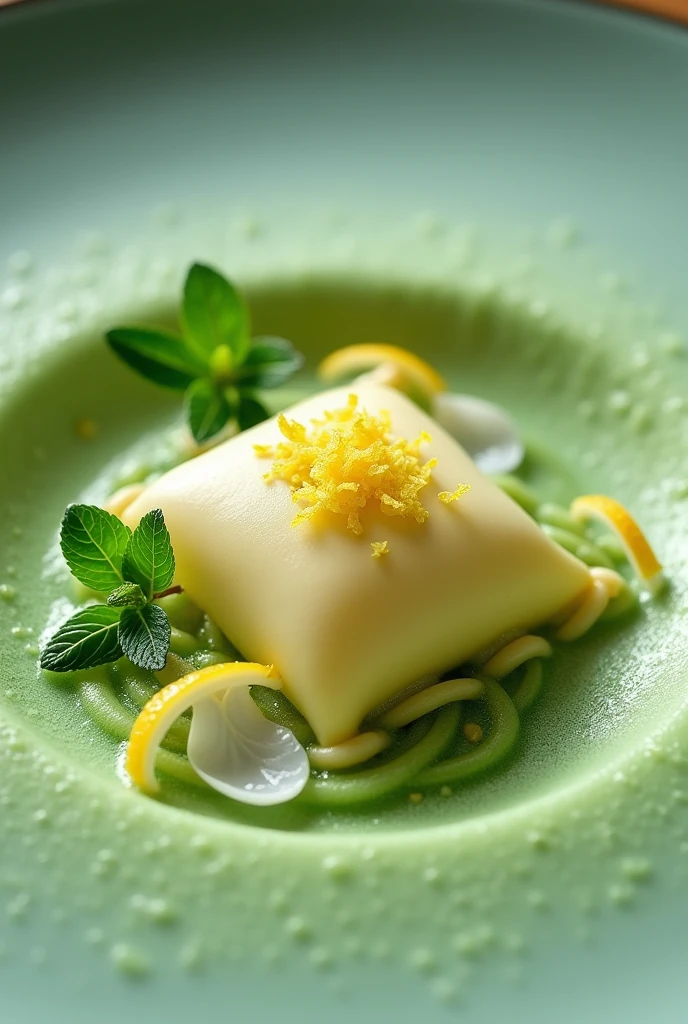 I want to create a dish that has a square ravioli on a mint foam and on top lemon zest and lemongrass.
