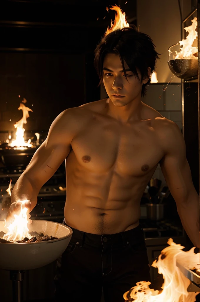 A anime style guy with his hair on fire