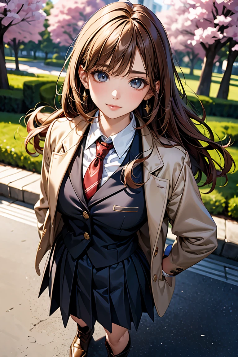 ((Highest quality)),(超High resolution),(Very detailed),(Detailed Description),((The best CG)),(masterpiece),Ultra-detailed art、(Highest quality、8k、32K、masterpiece)、(Realistic)、(Realistic:1.2)、(High resolution)、Very detailed、Very beautiful face and eyes、1 female、((Narrow eye、Droopy eye:1.4、fine grain))、Tight waist、Delicate body、(Highest quality、Attention to detail、Rich skin detail)、(Highest quality、8k、Oil paints:1.2)、Very detailed、(Realistic、Realistic:1.37)、Bright colors、
face: Big Eye、Sharp jaw、Thin eyebrows、A neat and tidy hairstyle: Long Straight Hair、The bangs are straight and fall over the forehead.: Light brown or platinum blonde skin: Light Skin Tone、Smooth and healthy skin clothing:
tops: Tight fitting uniform jacket、White blouse、Ribbon tie bottoms: Pleated skirt、Knee Length Accessories: Simple Earrings、Watches Shoes: Loafers or short boots Other features:
expression: Calm and gentle smiling pose: Standing naturally、Or a background with hands lightly placed on hips: School corridor、Or natural scenery（Under the cherry trees）
Detailed:
eye: Big, bright eyes、Star-like highlights in the eyes Clothing details: The uniform jacket has gold buttons、Ribbon tie with red hair detail: The hair moves as if it is blowing in the wind.、Give a glossy look