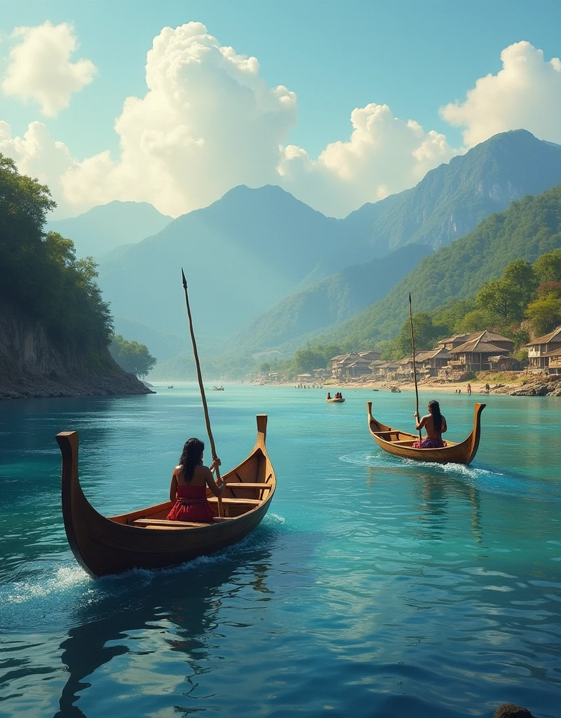 indigenous people fishing in an ocean, In the background mountains and a town on the river bank, in pre-Hispanic times, The wooden boats with the indigenous people with spears and the town with indigenous houses


