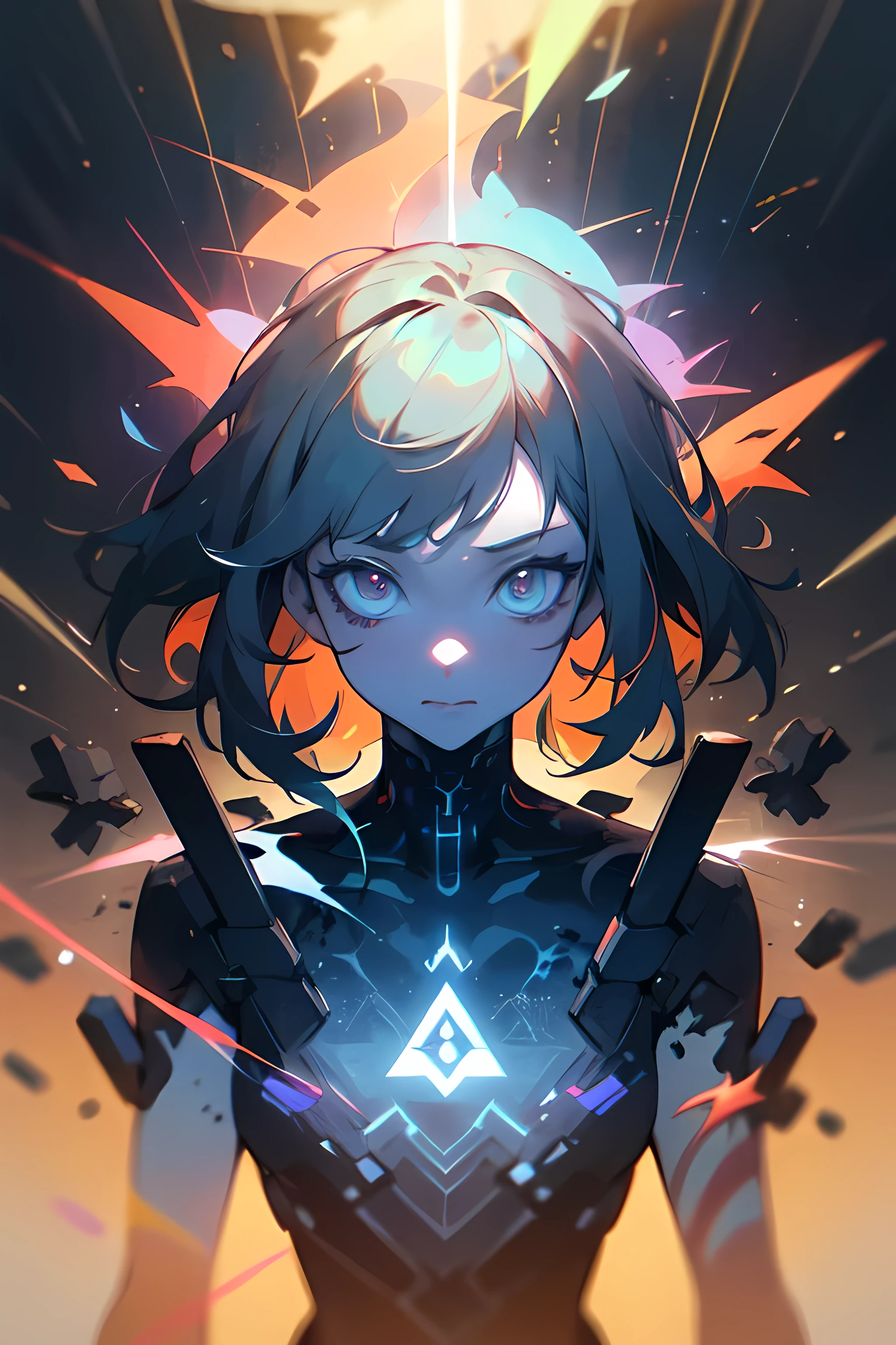 (masterpiece, best quality), sfw, solo, portrait, 1girl, observer of life, abstract expressionism, ((fractal light rays)), neon, diffused lights, (color blending), vibrant colors, rune design, runes on body, shattered dimensions, amazing background, {by charlie bowater|by anthony gross|by gabriel isak|by anna bocek}, absurdres, highres, mixed media