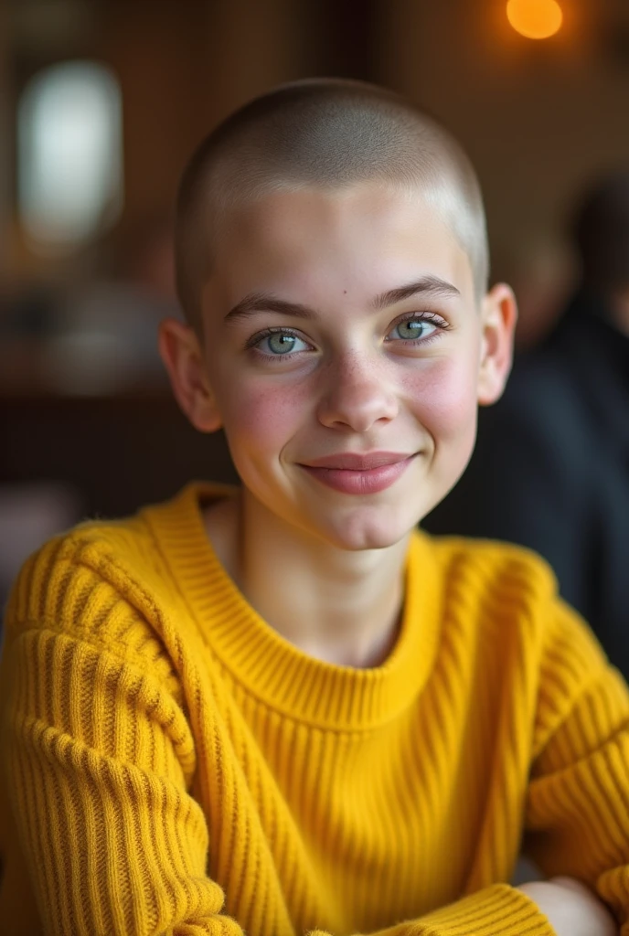 Cute dark blonde in yellow sweater "old money style"(A at restaurant), Very detailed, 21 years old, innocent face, shaved hair , Blue eyes, high resolution, Masterpiece, Best quality, intricate details, Very detailed, sharp focus, detailed skin, realistic skin texture, texture, detailed eyes, professional, 4k, beautiful smile, shot on Canon, 85mm, shallow depth of field, Kodak Vision Color, body in perfect shape, extremely detailed, Photo_(ultra), Photorealistic, realistic, Post-processing, maximum detail, roughness, real life, ultra realistic, Photorealism, Photography, 8k hd, Photography