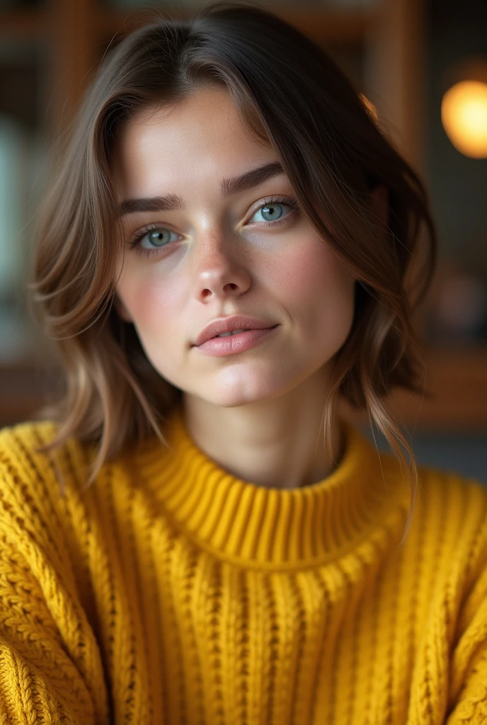 Cute dark blonde in yellow sweater "old money style"(A at restaurant), Very detailed, 21 years old, innocent face, shaved hair , Blue eyes, high resolution, Masterpiece, Best quality, intricate details, Very detailed, sharp focus, detailed skin, realistic skin texture, texture, detailed eyes, professional, 4k, beautiful smile, shot on Canon, 85mm, shallow depth of field, Kodak Vision Color, body in perfect shape, extremely detailed, Photo_(ultra), Photorealistic, realistic, Post-processing, maximum detail, roughness, real life, ultra realistic, Photorealism, Photography, 8k hd, Photography
