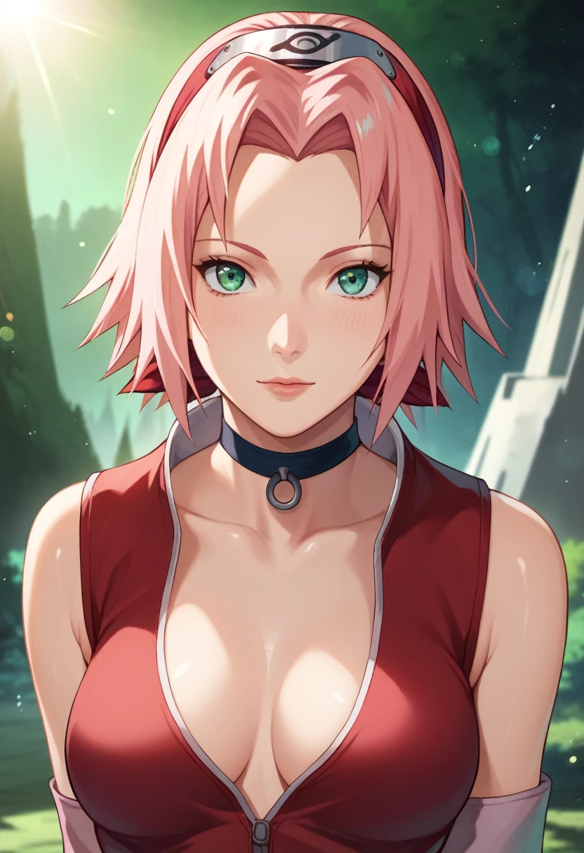 score_9,score_8_up,score_7_up,score_6_up,score_5_up,score_4_up BREAK skinny,choker,medium breasts,detached sleeves,outdoors,forest,shiny skin,bokeh,bloom,indoors,light particles,castle,space,1girl,haruno sakura,pink hair,short,hair,green eyes,forehead protector, seductive pose