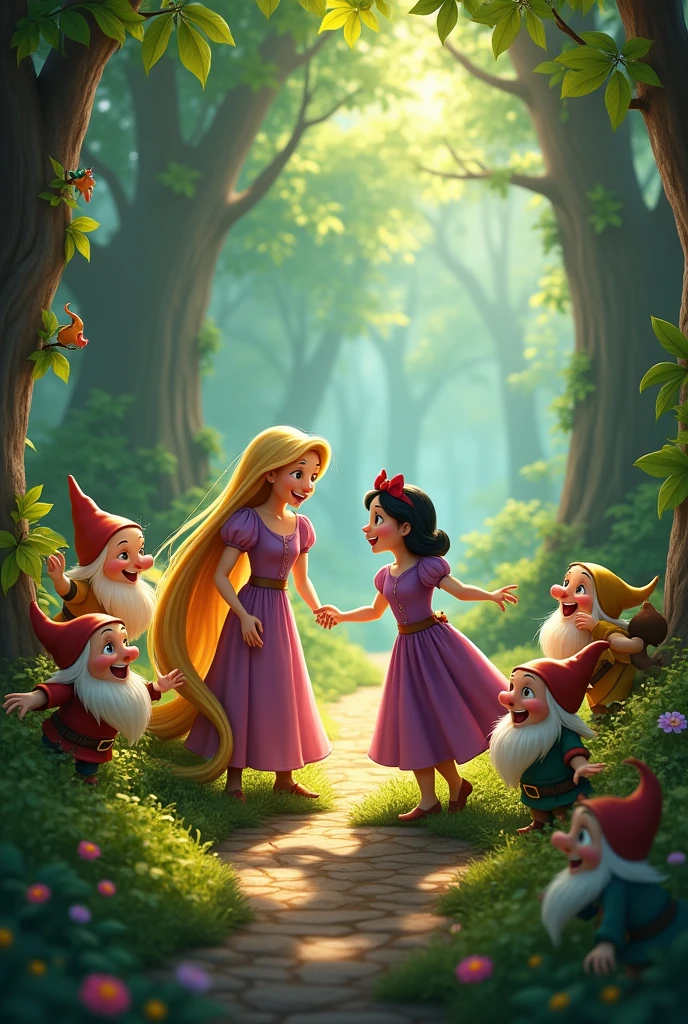 I saw an image of Rapunzel, Snow White and the seven dwarfs having fun in a forest