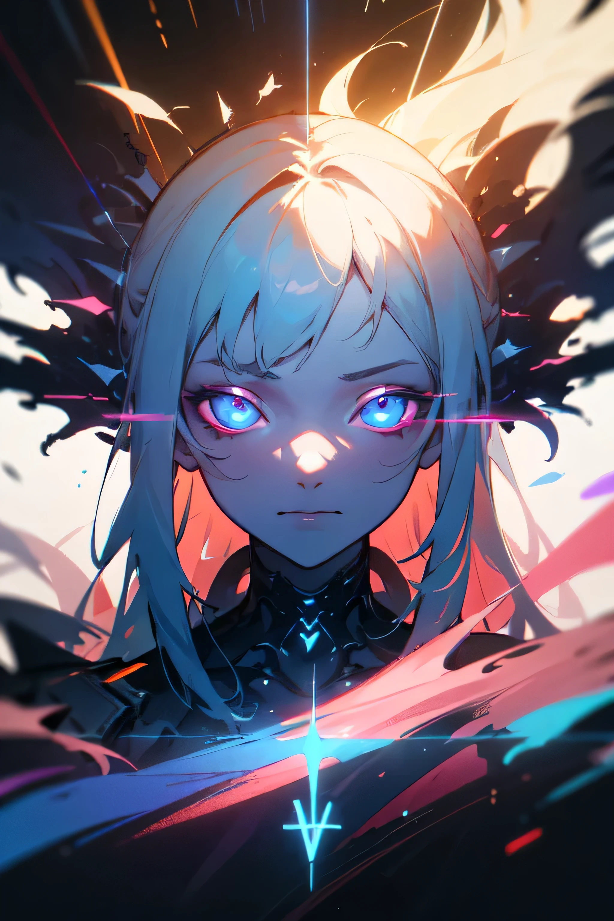 (masterpiece, best quality), sfw, solo, portrait, 1girl, observer of life, abstract expressionism, ((fractal light rays)), neon, diffused lights, (color blending), vibrant colors, rune design, runes on body, shattered dimensions, amazing background, {by charlie bowater|by anthony gross|by gabriel isak|by anna bocek}, absurdres, highres, mixed media