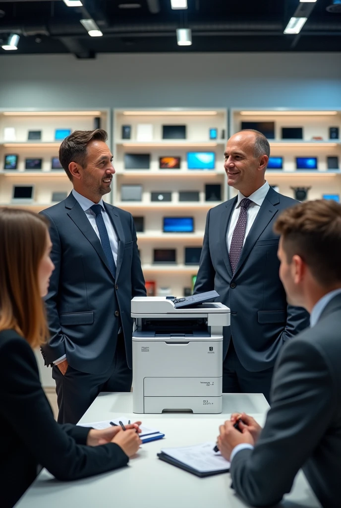 Create an image of two executive men, both with straight hair and brown eyes, are in front of a table with a printer. They are dressed in suits and ties, presenting the printer to two interested customers. The store has shelves with various technological products and a service counter at the back.